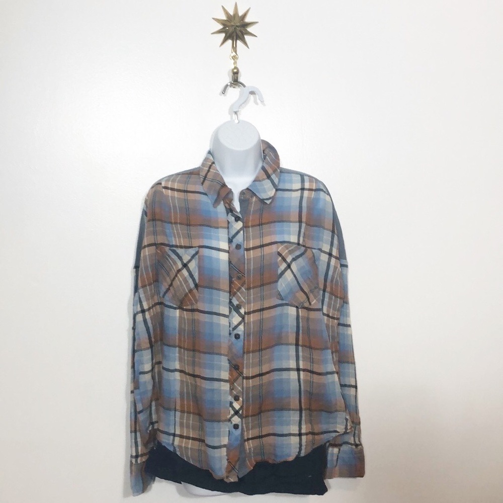 We the Free blue and rust colored plaid flannel - Picture 2 of 7